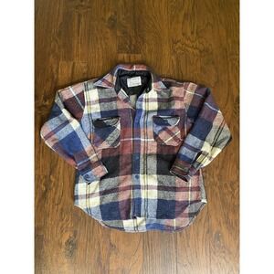 Vintage CPO Plaid Flannel Shirt Jacket Mens Medium Blue Wool Blend Shacket Coat